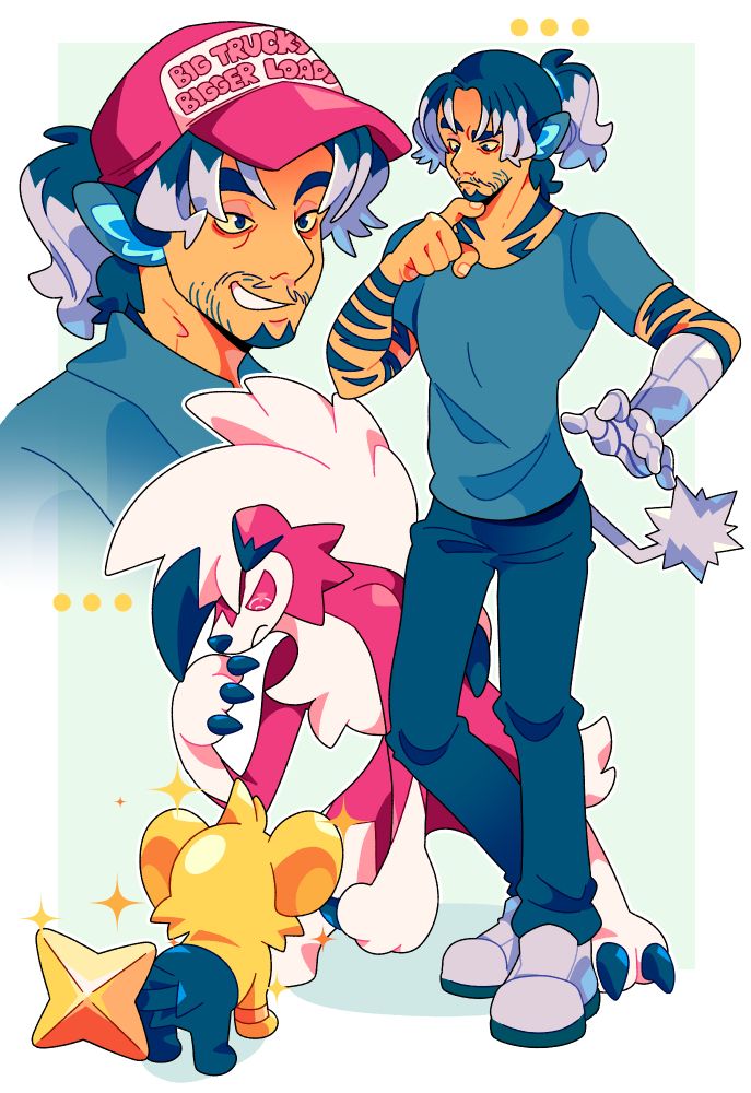 Revenge for Nequiinox of their character Mitch O'Niel and his Lycanroc Pike. They are looking confused at a shiny Shinx! There is also a headshot of Mitch wearing a hat that says "big truck bigger loads"