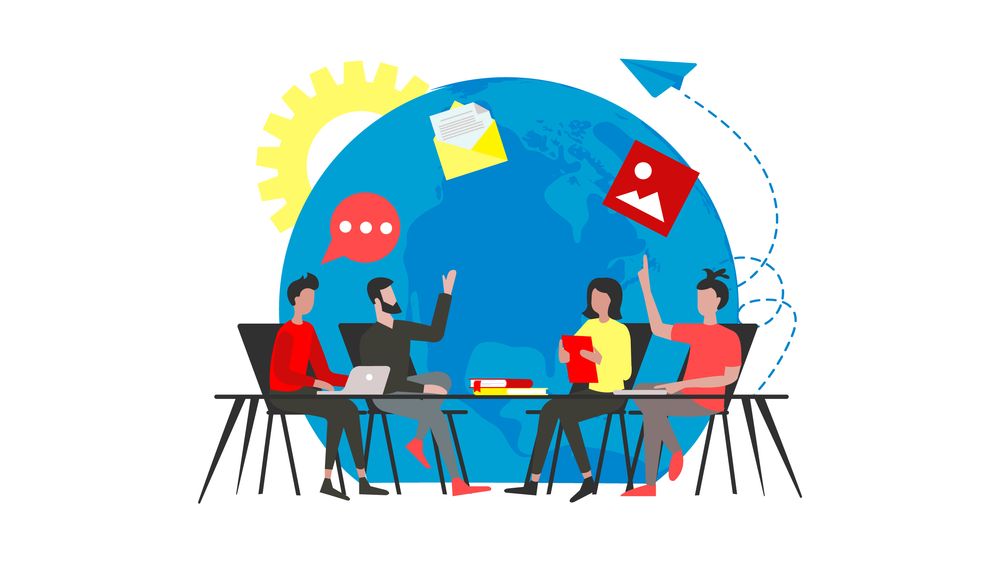 A group of people with light- and medium-brown skin and black hair conversing around a table with papers and a laptop, against a backdrop of a globe, a gear and a paper airplane. (Copyright: alisarut © 123RF.com)