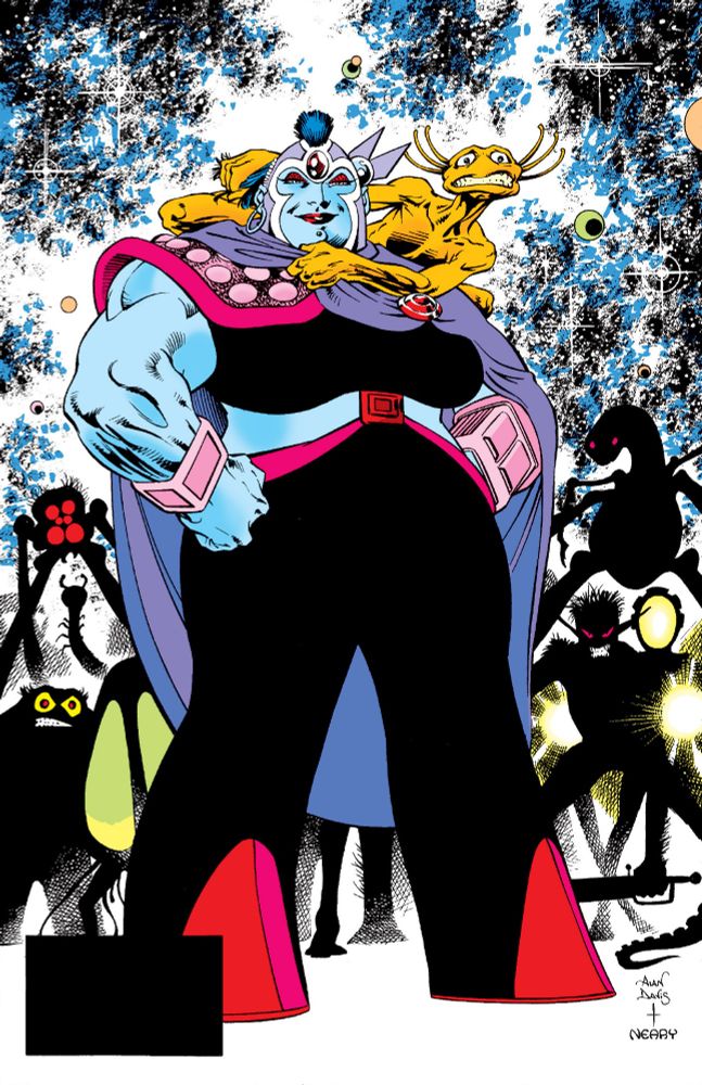 Comic book art by Alan Davis, inked by Paul Neary. Gatecrasher, a tall (?), muscular, heavyset, blue-skinned alien woman, stands in Wonder Woman pose in front of menacing silhouettes. She wears a black pantsuit with flared legs (she might have elephant-type feet? Not sure), a rectangular red element that secures the top to the bottoms while leaving most of her middriff exposed, red details on the flares, a red lining folder over at the waist of the pants, chunky pink bracelets, a pectoral in two shades of pink, a purple Magneto-style bucket helmet with a large stone set over the center of the forehead, and a purple cape. A timid, thin, yellow-skinned alien with three antennae on each side of its head clings to her shoulder, wincing at whatever it (he?) sees ahead. Gatecrasher wears red lipstick and red eyeshadow. She looks ahead with a confident expression.