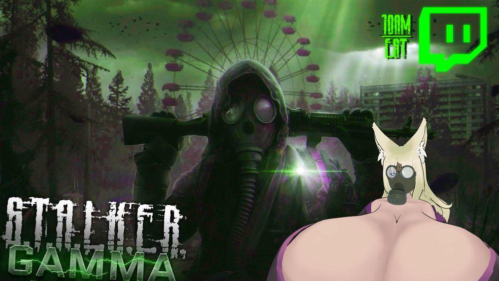 An image of the arms dealing shrine maiden wearing a gas mask while standing beside a gas mask wearing Scavenger in front of a broken down Ferris Wheel with the title of the game they will playing on their Twitch channel (SumireVioletsVT) RIGHT NOW!!!