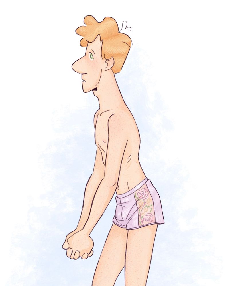 Lewis stands in profile from the knees up. His hands are clasped in front of him and he gently looks towards the camera. He wears no clothes, aside from a short pair of light pink satin boxers. There’s a mesh panel on the underwear that expose his leg underneath. Embroidered in the mesh are delicate floral designs.