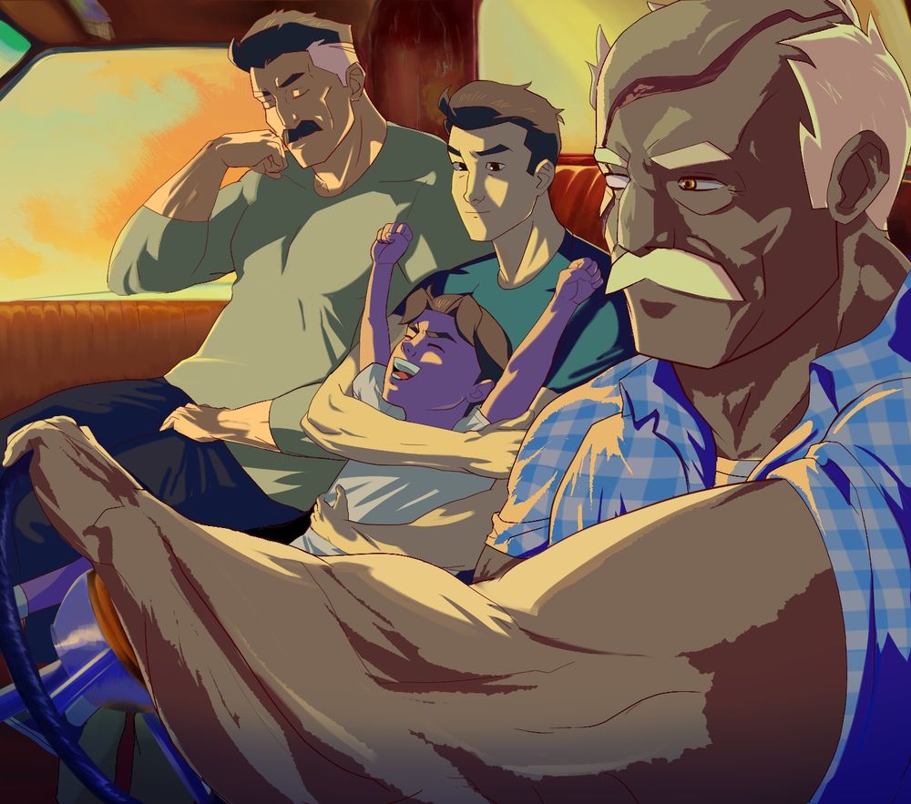 The characters Nolan Grayson/Omni Man, Mark Grayson/Invincible, Oliver Grayson/ Kid-Omni Man and Conquest  from the show Invincible are on a car ride at sundown. Everyone looks a bit relaxed.