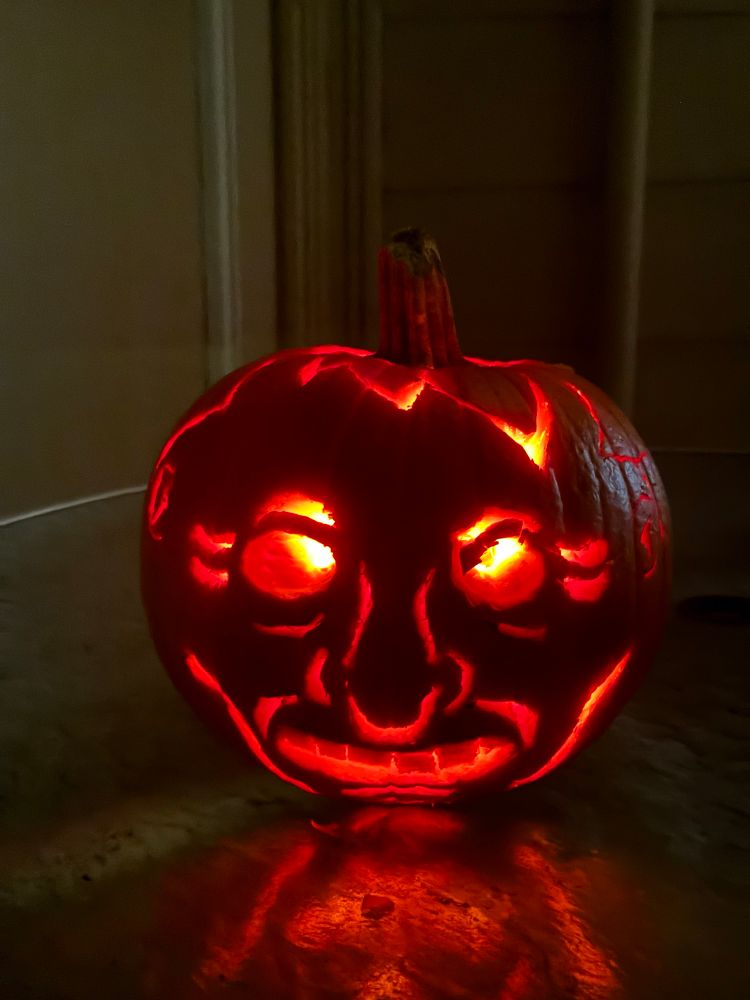 A jack o lantern of Mr. Boss from Smiling Friends I made with my friends