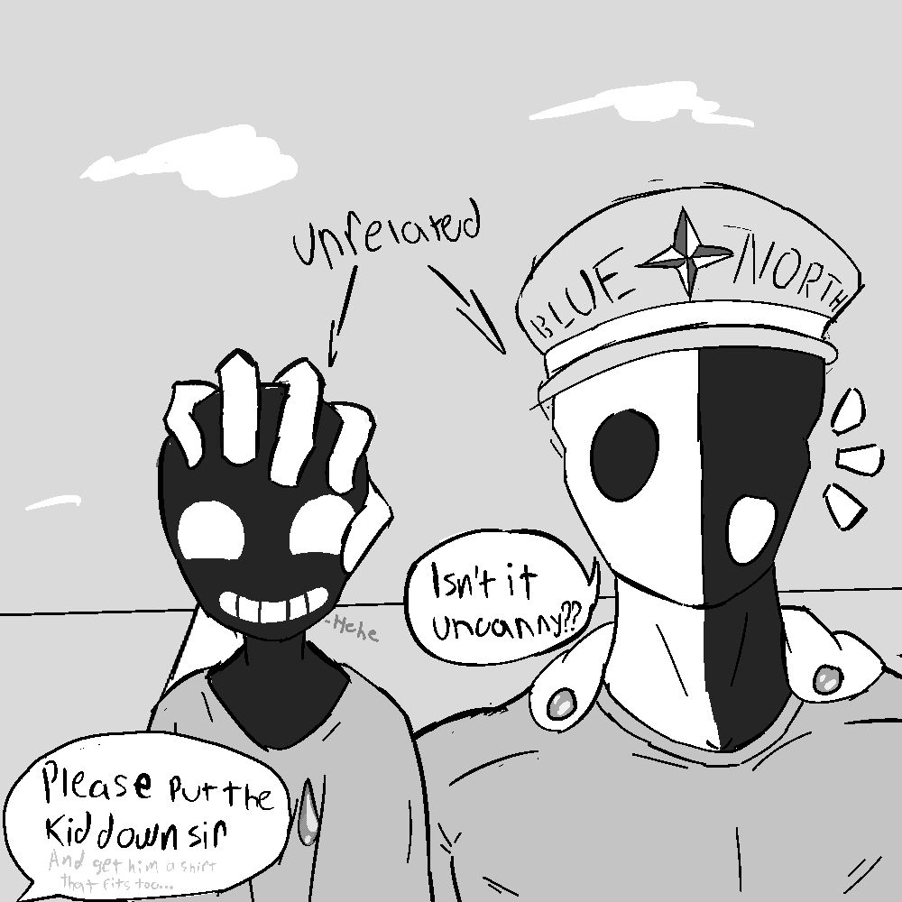 The North Star Admiral (name tbd) holding up a little Mizu by the head, commenting on the uncanny resemblance between the two ^w^'
( One of his ship mates is worried about the casual rough treatment however, and tells him to put Wn down. As well as getting him a shirt that isn't one of the Admiral's own >w>;; )