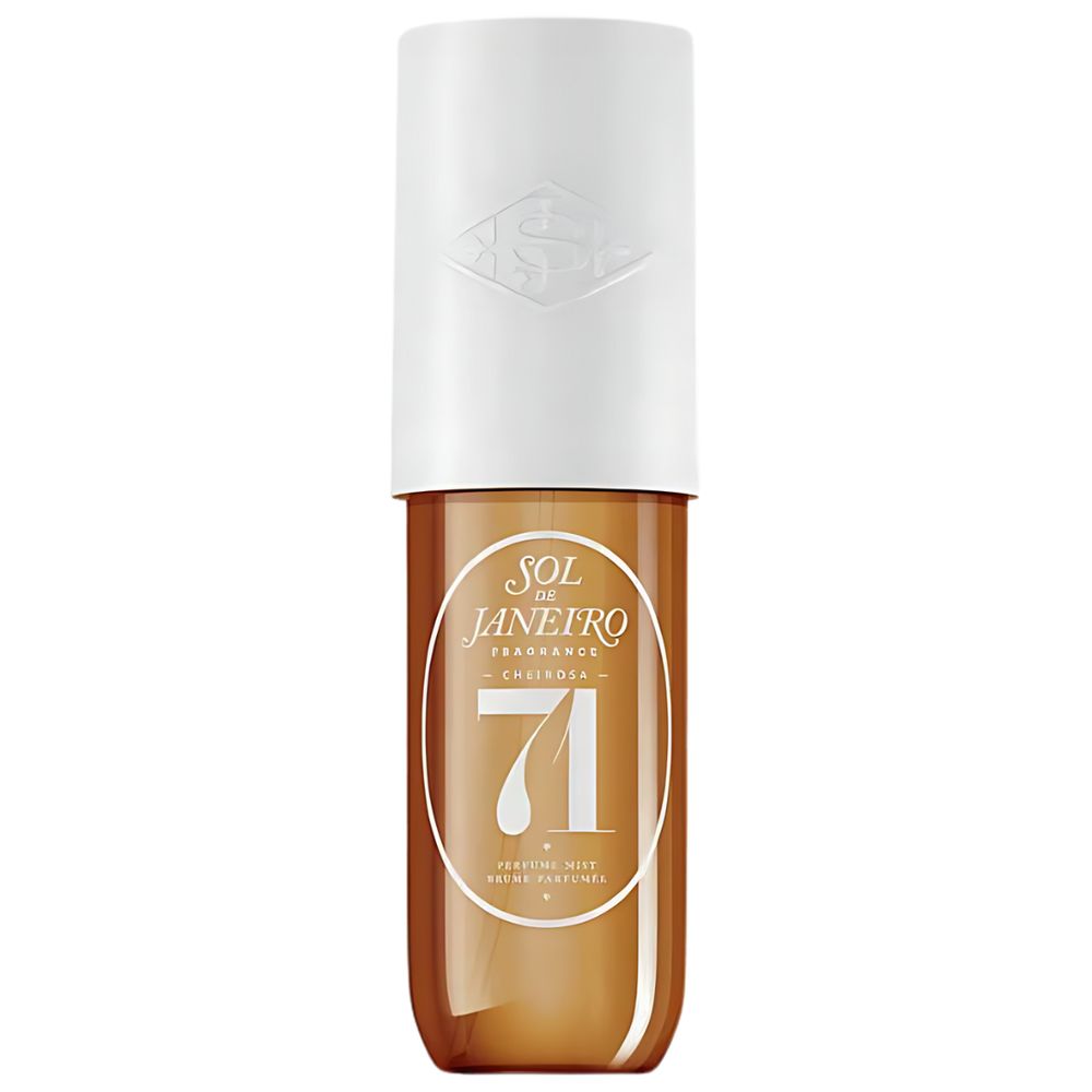 cylindrical bottle of caramel-brown body spray with a white lid, almost half the size of the bottle, that overhangs the edge. the bottle tapers in a bit at the bottom for a rounded edge. the label is white text in a white oval outline, that says "Sol de Janiero", "Fragrance", "Cheirosa 71", "Perfume Mist".