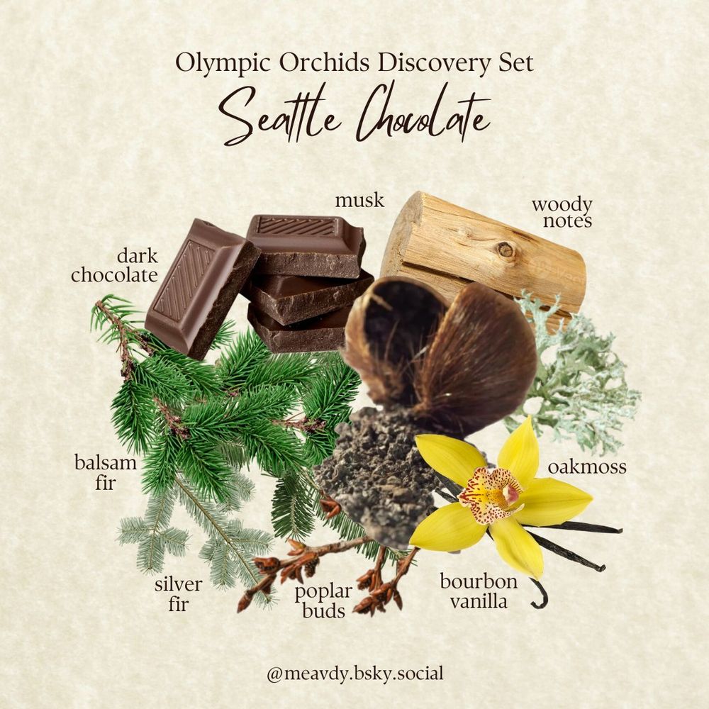 Olympic Orchids Discovery Set: Woodcut
Dark Chocolate, Poplar Buds, Silver Fir, Balsam Fir, Musk, Woody Notes, Oakmoss, Bourbon Vanilla
@meavdy.bsky.social