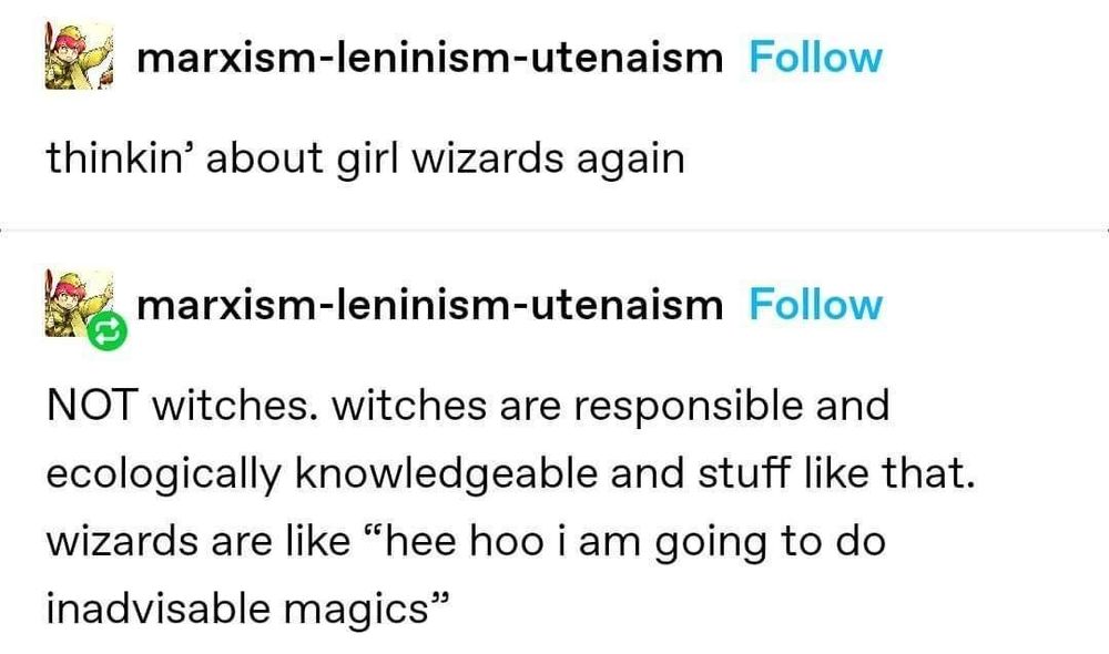 The image is a screenshot of two tumbler posts from user marxism-leninism-utenaism.

The first reads "thinkin' about girl wizards again".

The second post then reads "NOT witches. witches are responsible and ecologically knowledgeable and stuff like that. wizards are like"hee hoo i am going to do inadvisable magics"".