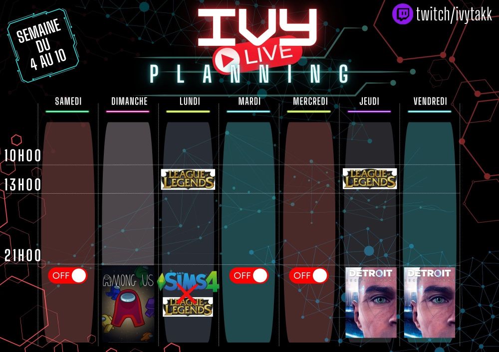 Dimanche, Multimanche soirée Among US ! 
Lundi soir, Créasims Edition League of legends
Jeudi et Vendredi soir: Detroit Become Human (jeux choisis du donation goals de mon anniv)

Et Lundi et Jeudi matin, entrainement LOL, objectif GOLD 