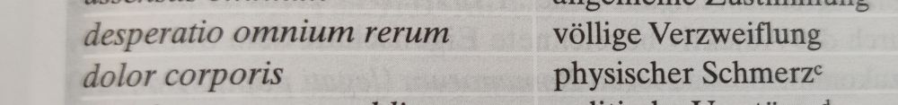 Beispielsätze in einem Lateinbuch
desperatio omnium rerum - völlige Verzweiflung
dolor corpus - physischer Schmerz