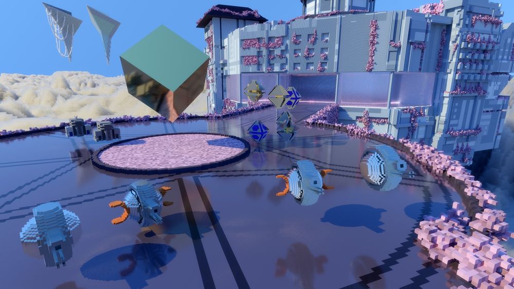 Render of a multi-model scene in Avoyd Voxel Editor Beta. A large octagonal structure floats just above a layer of clouds. From the structure a bridge leads out towards the camera with a landing pad. On the landing pad sit several different types of metallic drones, in the middle a single golden cube floats above the centre of the pad reflecting the scene in it's faces. All the models in the scene are made of voxels, with different orientations and scales.