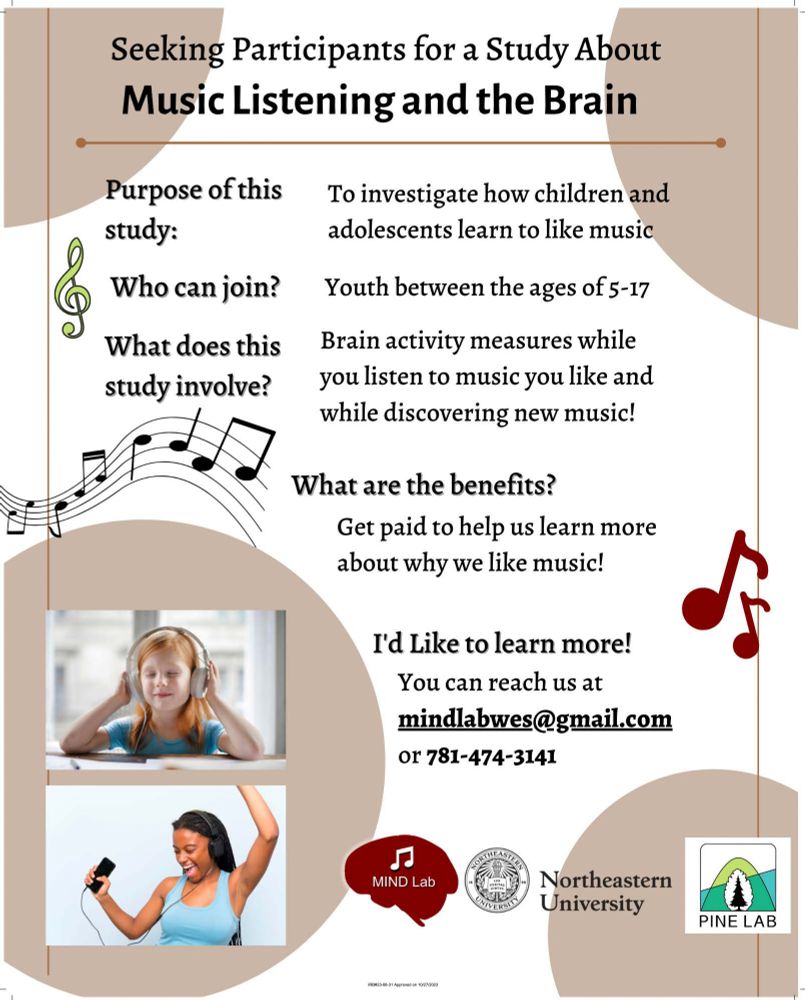 Flyer describing research opportunity for individuals between the ages of 7-17 years old at Northeastern University in Boston, MA.