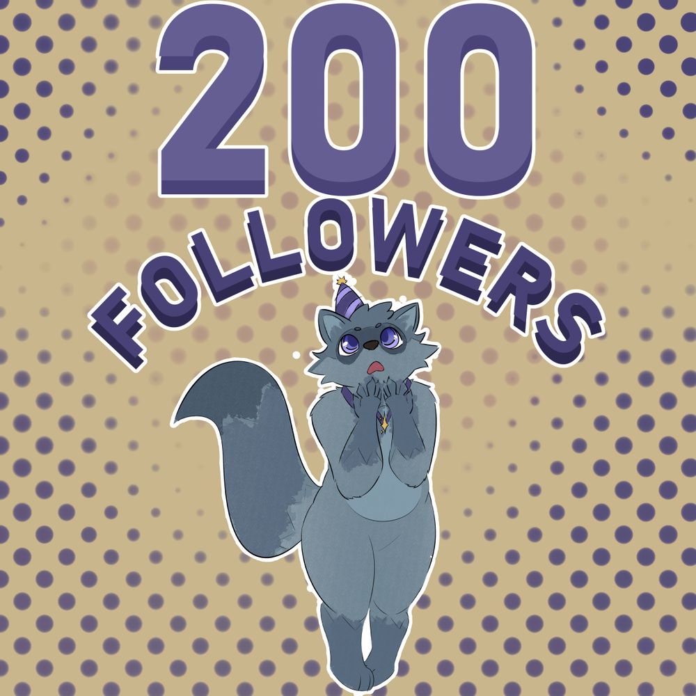 An anthropomorphic raccoon looking up in awe at the written text "200 followers"