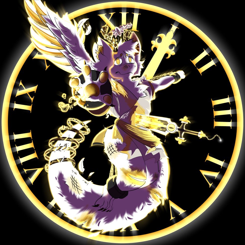 A white furred seraphim/dragon/deer fursona, with a single wing and many bruises, cuts and stabbed by their own sword, chained to a clock on the background. It's wearing damaged white and gold robes, bleeding golden blood and trying to reach out to the viewer with a melancholic expression.
