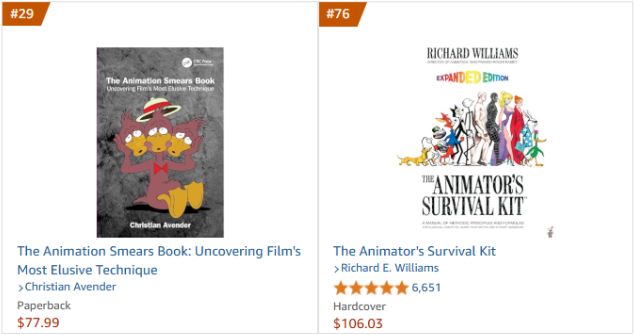 A screencap showing two different ranked positions of animation text books.
The Animation Smears Book; ranked 29th place.
The Animator's Survival Kit; ranked 79th place.