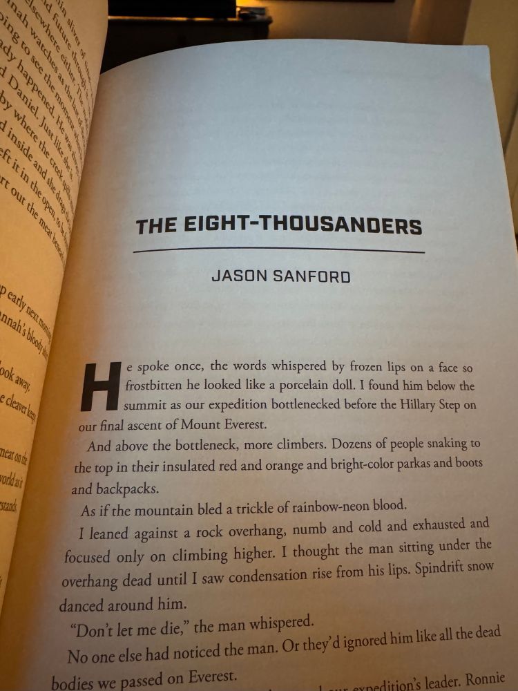 The first page of “The Eight-Thousanders” by Jason Sanford 
