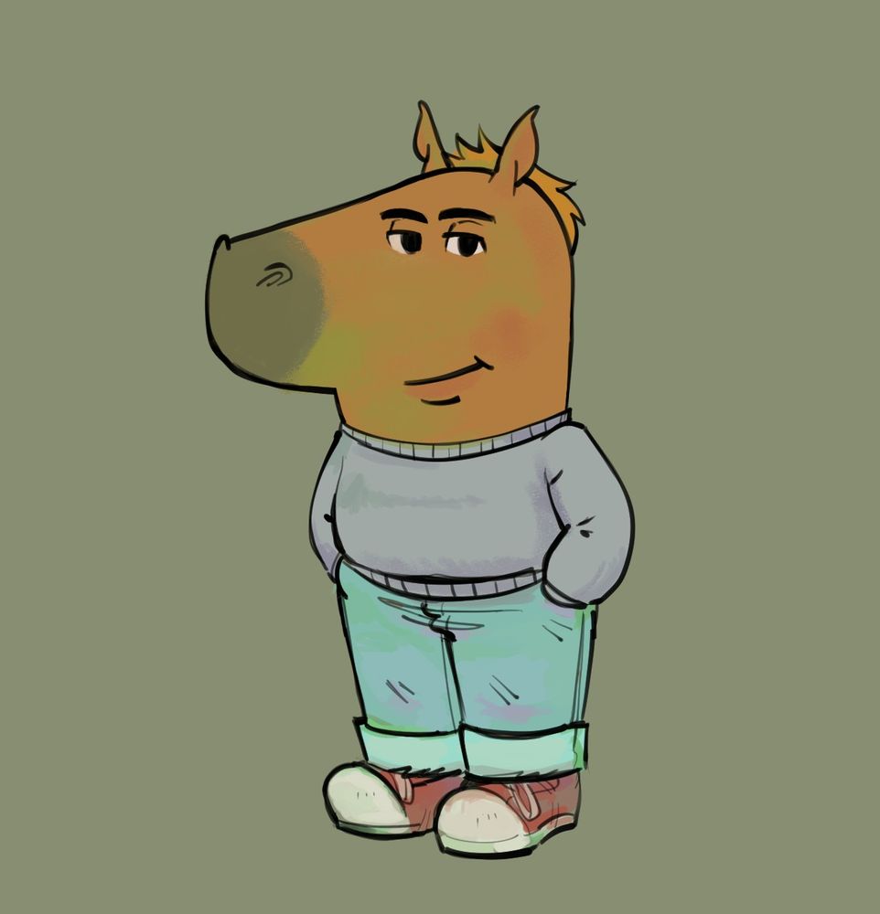 A drawing of an anthropomorphic horse character standing serenely against a muted greenish/yellow backdrop.  He wears red converse sneakers, cuffed blue jeans, a cozy grey sweater, and a Mona Lisa smile.  His hands in his pockets and his relaxed demeanor suggest an aura of detachment, indicative of his nature as a chill guy who low-key doesn't give a fuck.