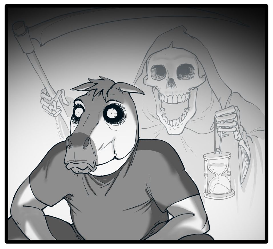 Having reached the bottom of his squat, the horse-headed man realizes his impending mortality, as an apparition of the Grim Reaper appears behind him