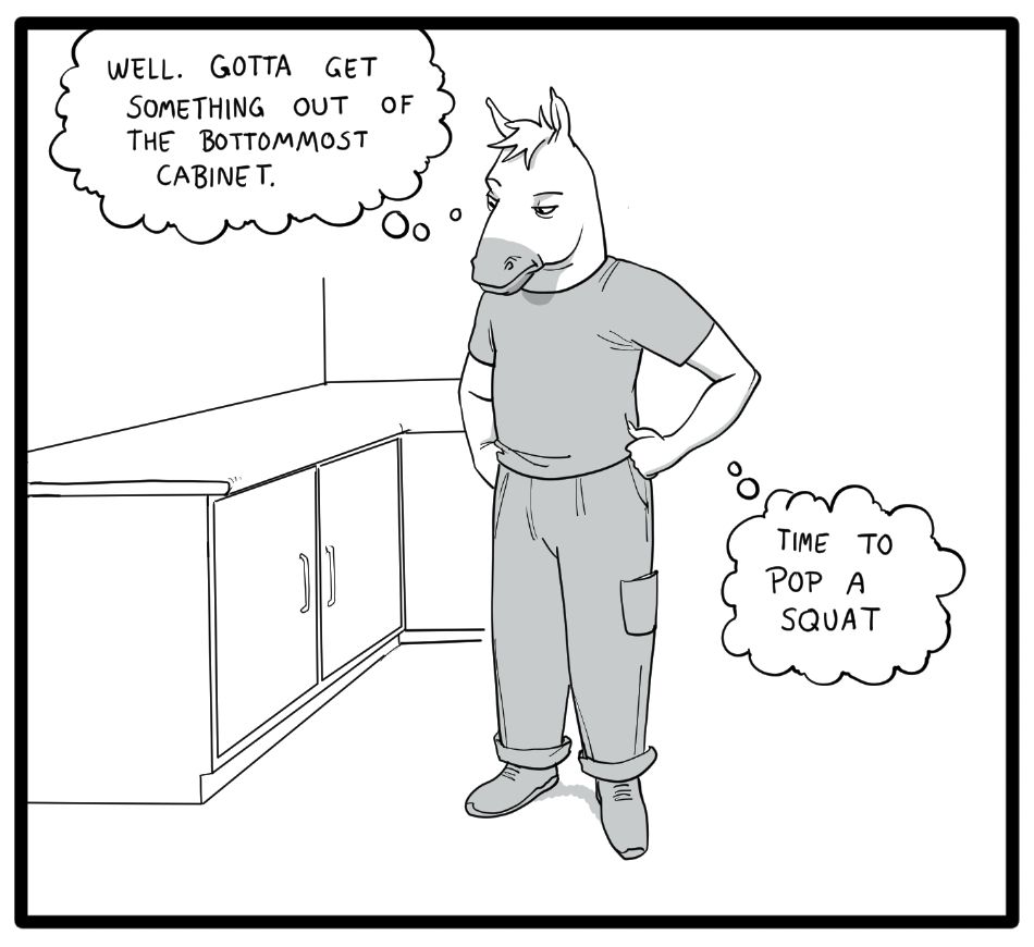A man with a horse head contemplates an incoming squat
