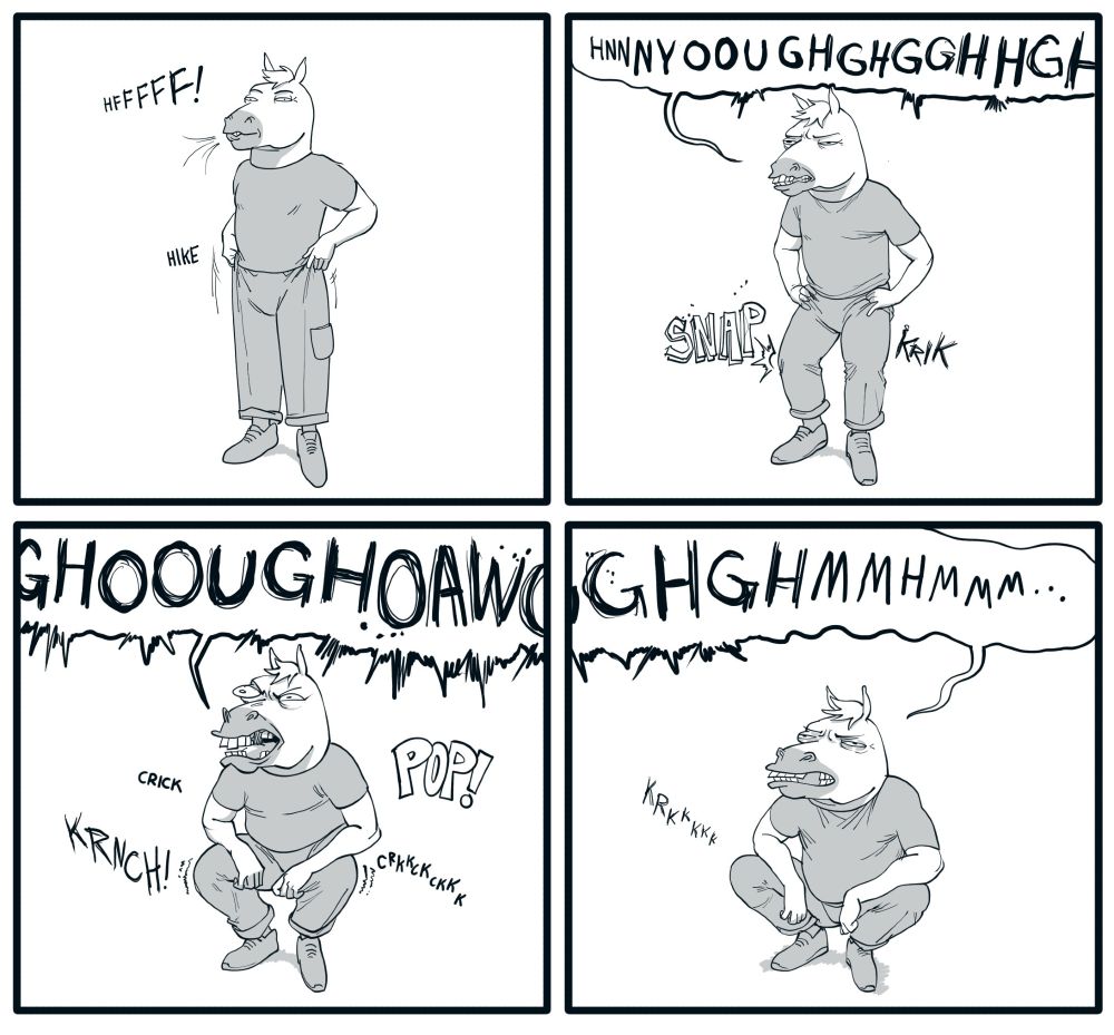 Throughout 4 panels of illustration, a man with a horse head slowly and painfully squats, as his aging body and joints pop and crunch in protest