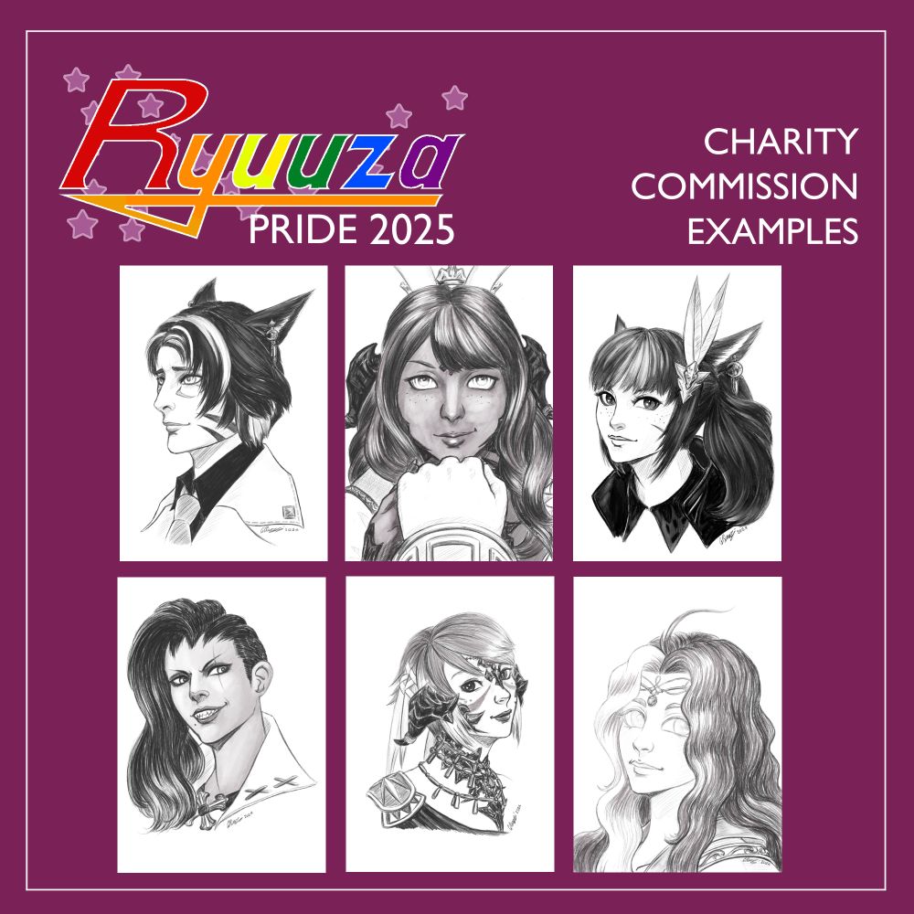 CHARITY COMMISSION EXAMPLES.
Six digital pencil headshots featuring people's FFXIV Warriors of Light and Dnd characters.