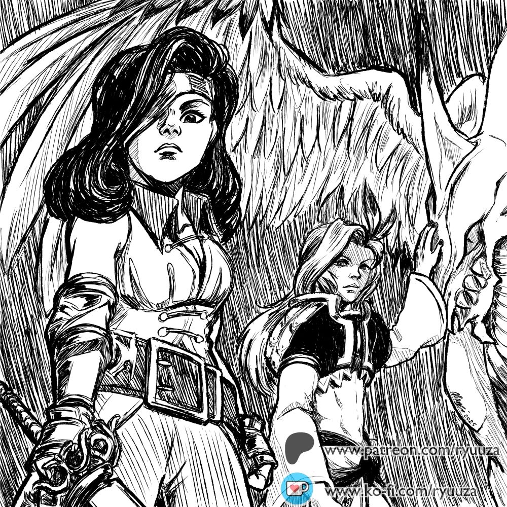 Digital black and white ink sketch of a scene from Final Fantasy IX. Beatrix stares down at Zidane and Freya's defeated party (out of shot), while "the mysterious man" Kuja prepares to leave on his silver dragon.