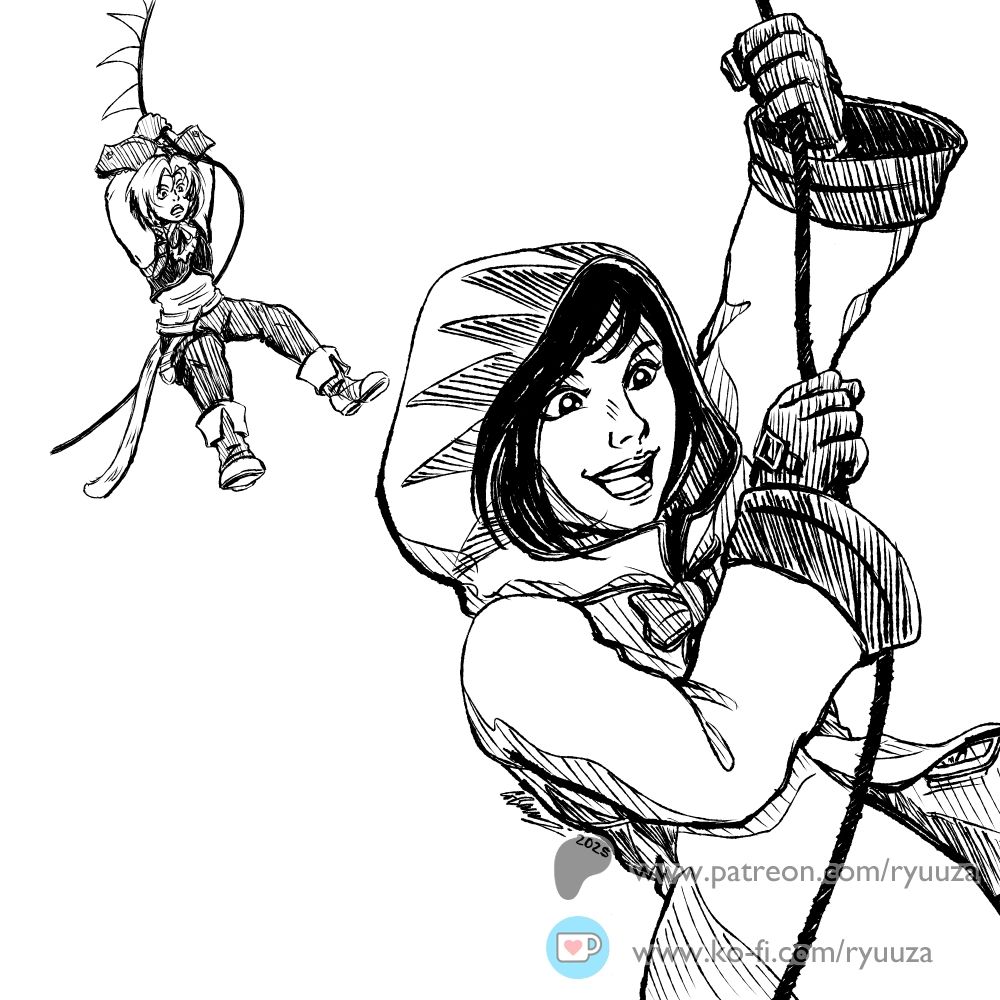 Black and white digital ink drawing of Zidane and Garnet from Final Fantasy IX, swinging on bunting as they escape Castle Alexandria.