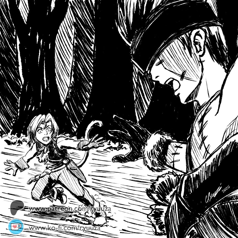 Digital black and white ink drawing of the scene in Final Fantasy IX, where Blank gets caught by the paralysing plants in the Evil Forest. He and Zidane are both reaching out to each other in vain.