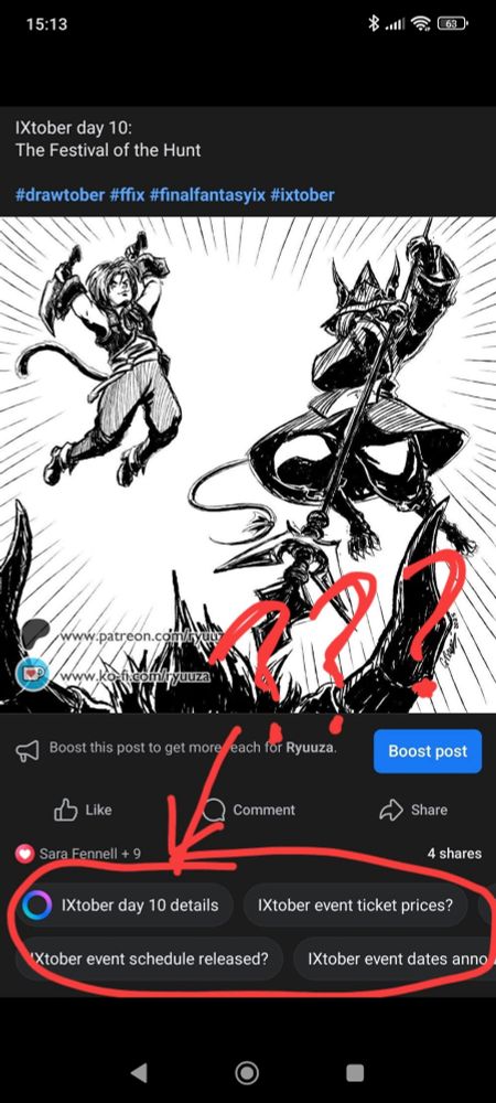 Screenshot of my latest IXtober/ Final Fantasy IX sketch on Facebook, where the very unwanted Meta AI is bizarrely asking questions about ticket prices and what the "event schedule" is. The questions are circled in red, with an arrow pointing to them and "???" displayed above.
IXtober is not a ticketed event, it's simply my October one-a-day drawing challenge for 2025. It's completely free and anyone can join in.