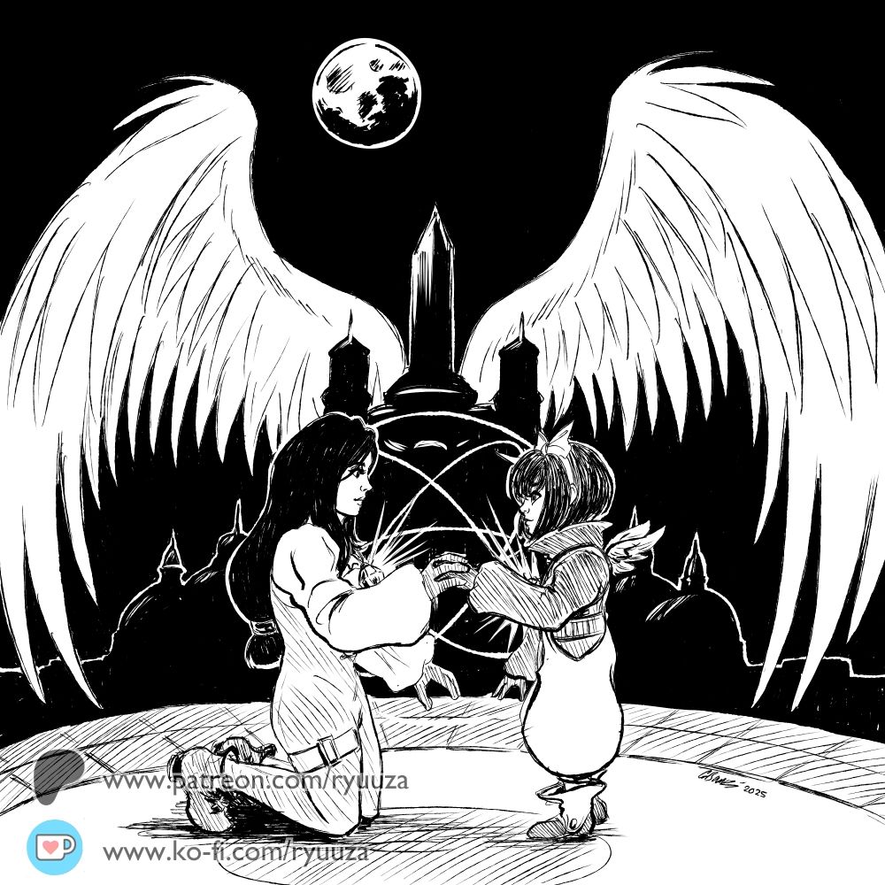 Digital black and white ink sketch of a scene from Final Fantasy IX. Garnet and Eiko use their crystal fragments to summon Alexander, a guardian deity to help protect the kindgom of Alexandria. Two of its four wings appear from behind Alexandria castle as it emerges. The moon shines from above.