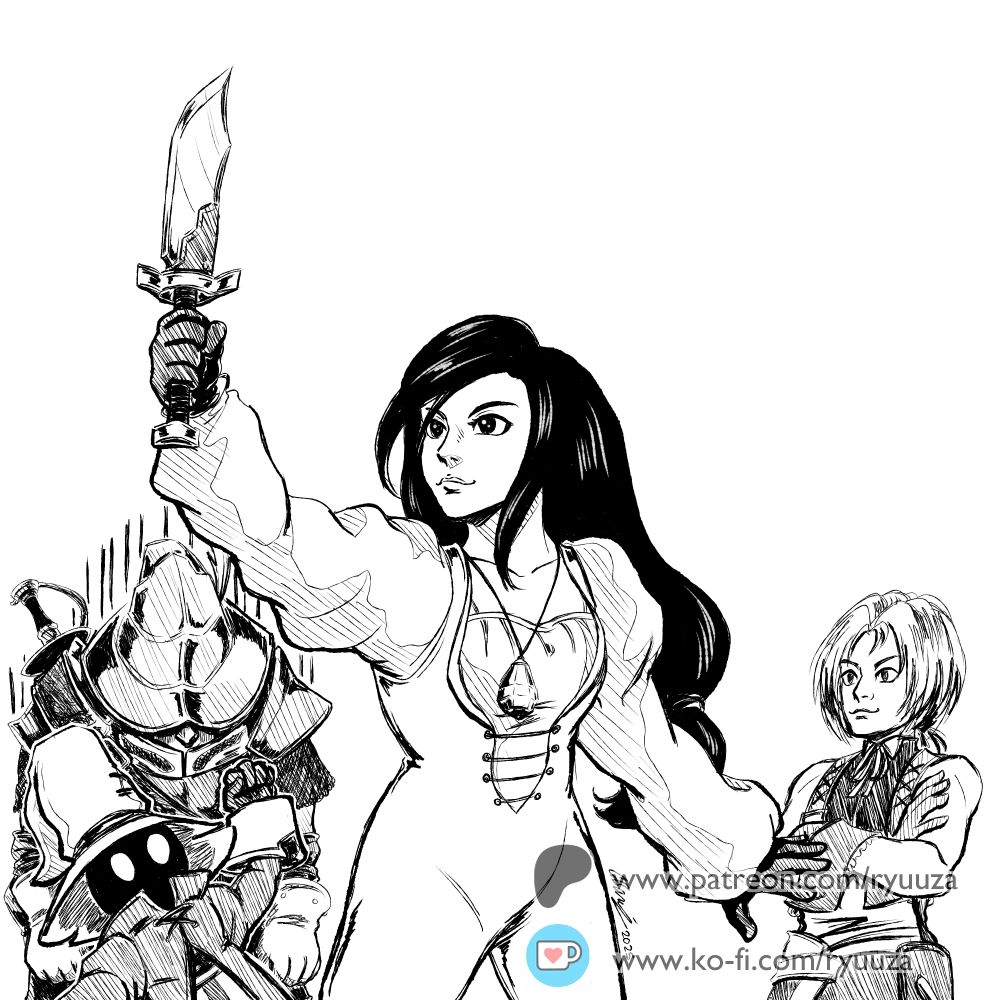 Black and white ink drawing of the scene in Final Fantasy IX, where Garnet renames herself "Dagger". She's holding up Zidane's dagger, while Zidane, Vivi and Steiner (looking bemused and clenching his fists) look on.