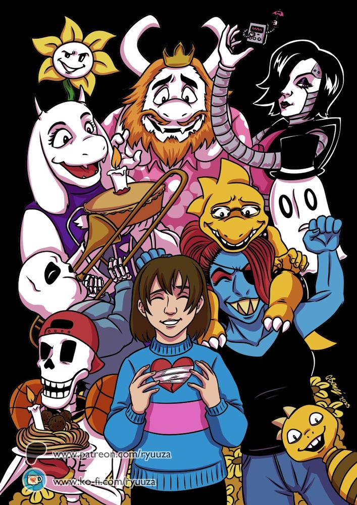 Artwork of the cast of Undertale; Frisk with a mended soul, Papyrus with spaghetti and candle, Undyne holding up Alphys, with the kid popping out of the corner, Toriel with a pie and candle, Dapperblook, Mettaton with pouty lips, holding up a mini Box-ton, Asgore and Flowey.
