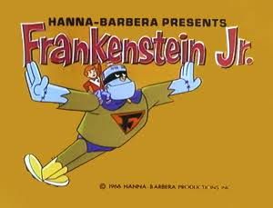 A giant robot in a flying pose and a kid sitting on his shoulder.
"Frankenstein jr" in the title.