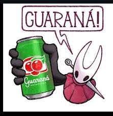 Personagem Hornet, de Hollow Knight Silksong segurando uma lata de guaraná. Balão de texto escrito "GUARANÁ!"