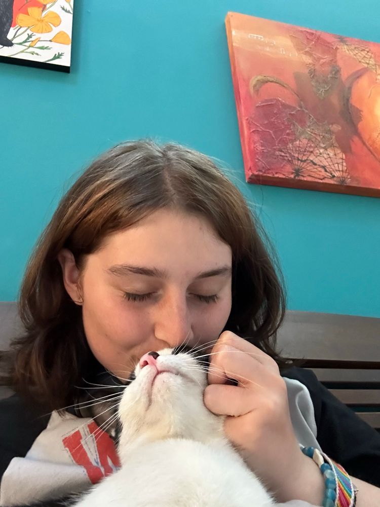 Girl kissing and holding a black masked white cat