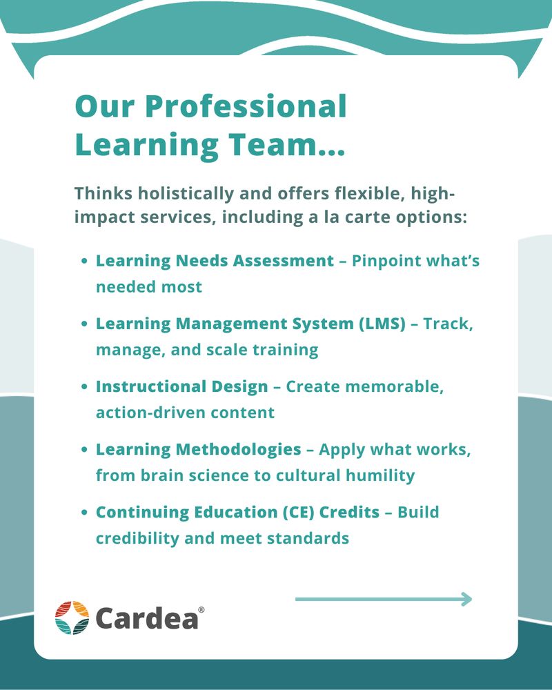 Teal and dark teal text in a white text box reads: 
"Our Professional Learning team…
Thinks holistically and offers flexible, high-impact services, including a la carte options:
Learning Needs Assessment – Pinpoint what’s needed most
Learning Management System (LMS) – Track, manage, and scale training
Instructional Design – Create memorable, action-driven content
Learning Methodologies – Apply what works, from brain science to cultural humility
Continuing Education (CE) Credits – Build credibility and meet standards"
Below the text, a teal arrow points to the right. The Cardea logo is in the bottom left corner of the text box.
Behind the white text box are wavy blocks of color in a gradient from white to grey to dark green.