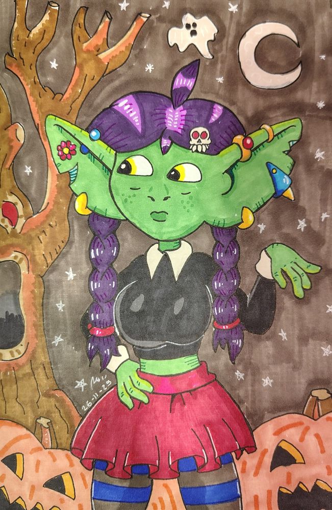 Una goblin con trenzas con un fondo tipo Halloween y ropa obscura 