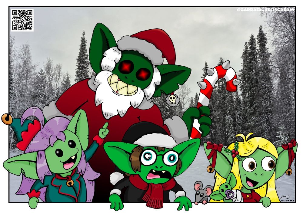 Tres goblins huyendo de un Papá Noel monstruoso