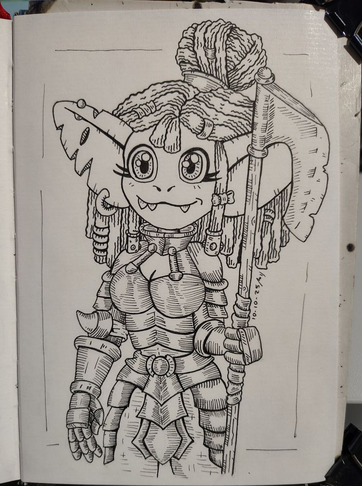 Una goblin en armadura de placas con hacha danesa