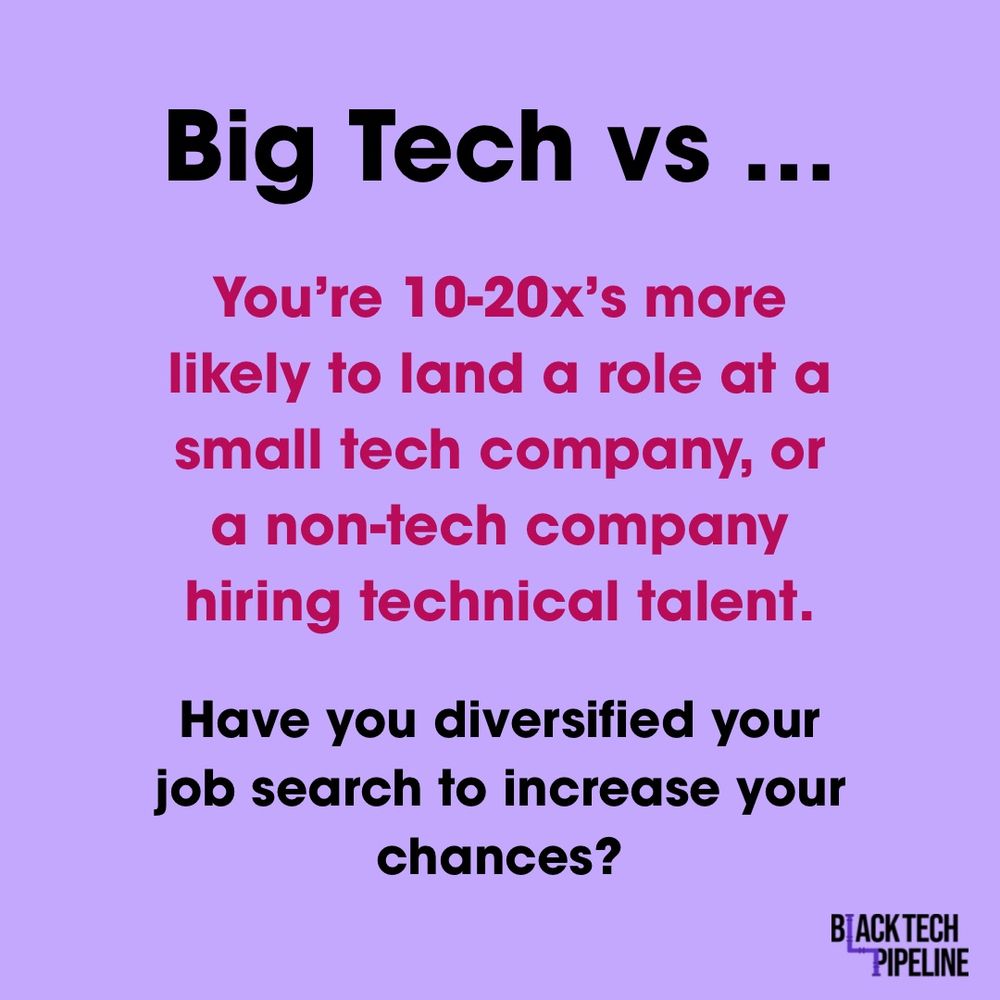 Big Tech vs…: you’re 10-20x’s more likely to land a role at a small tech company, or a non-tech company hiring technical talent. Have you diversified your job search to increase your chances? 