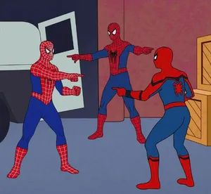 Three spider-men pointing at each other. It’s a joke about the double Chicago Eagle mishegas. 