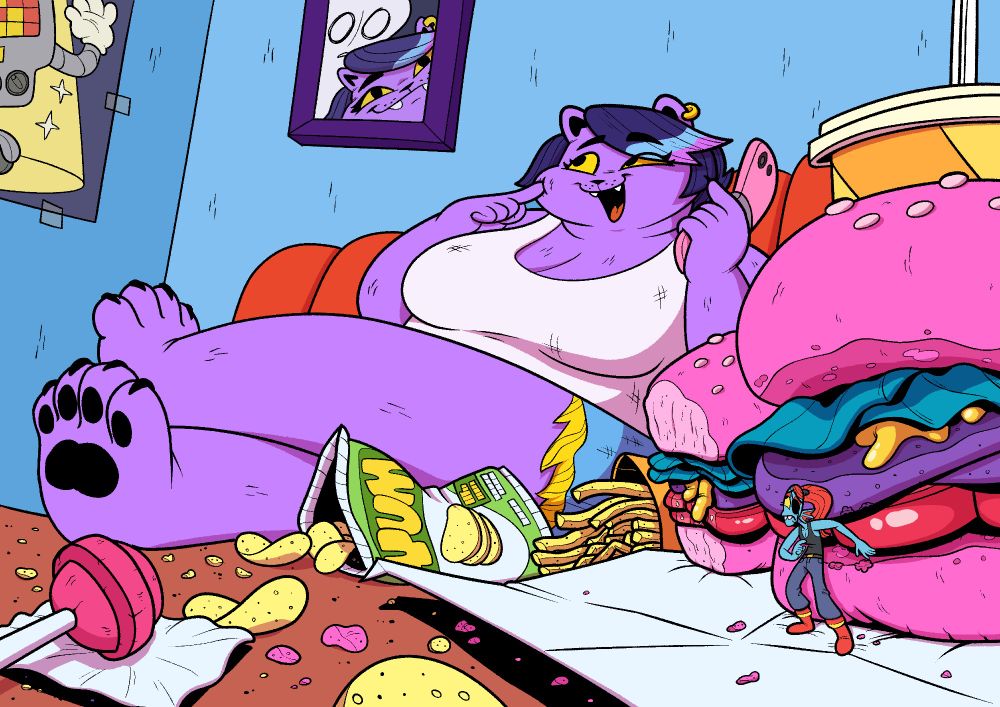 Catty, a purple cat character from undertale, is chatting with a friend with her paws on her messy table, while Undyne hides behind a glamburger, nervously wondering to herself what she should do next.