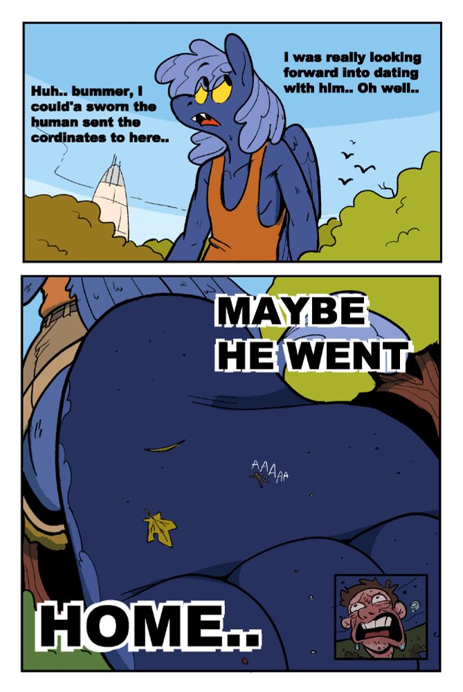 Me, a giant, anthro sphinx, is looking around for his tiny human boyfriend, unaware that the human is stuck to his sole.