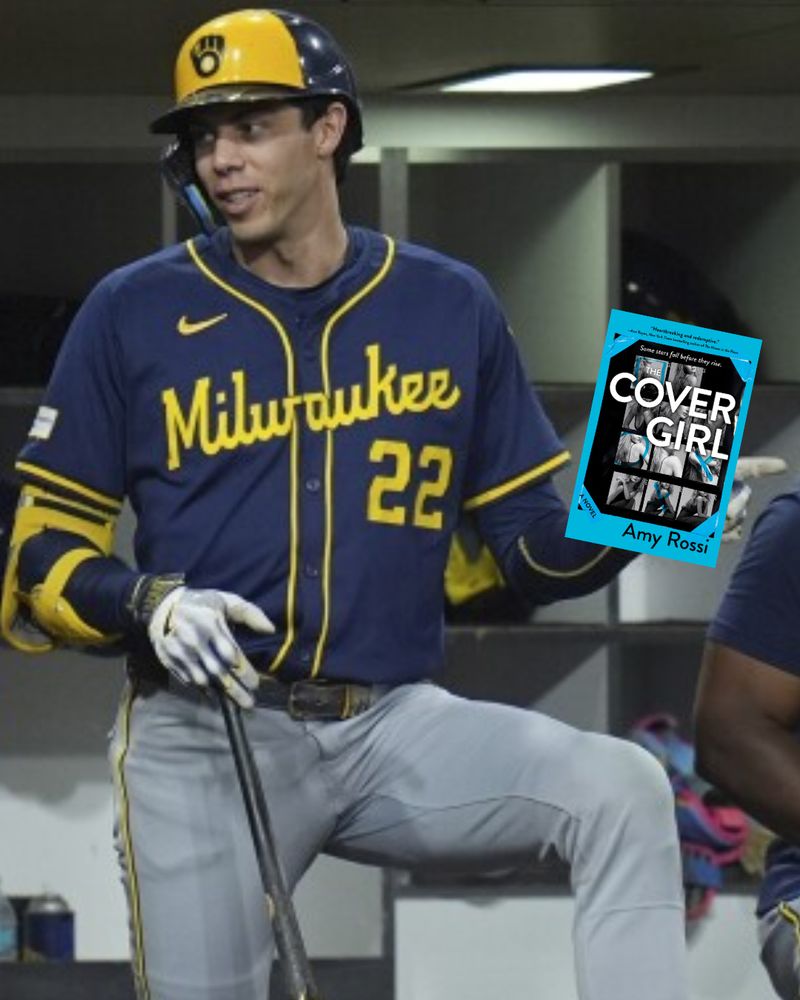 Christian Yelich holding a poorly photoshopped copy of The Cover Girl