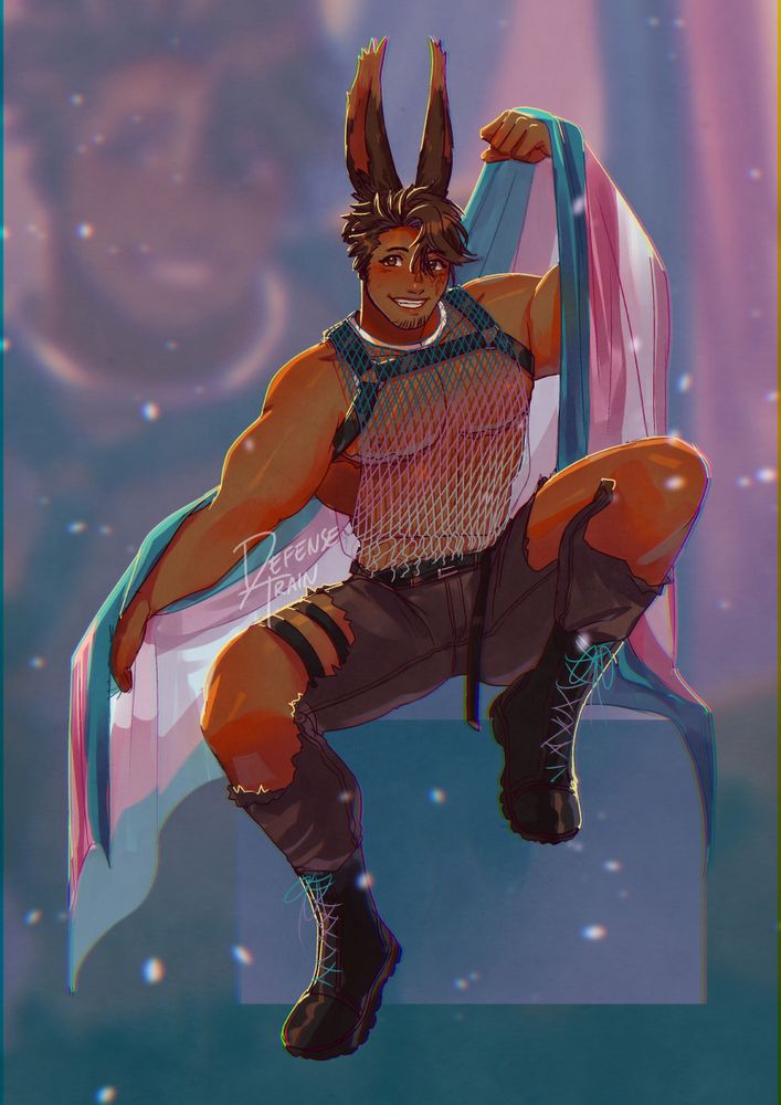 An illustration of Gravy grinning,seated while the trans flag is draped over him. He's wearing a harness underneath a mesh top, ripped pants with a harness on one thigh, as well as boots with trans flag-colored laces. 