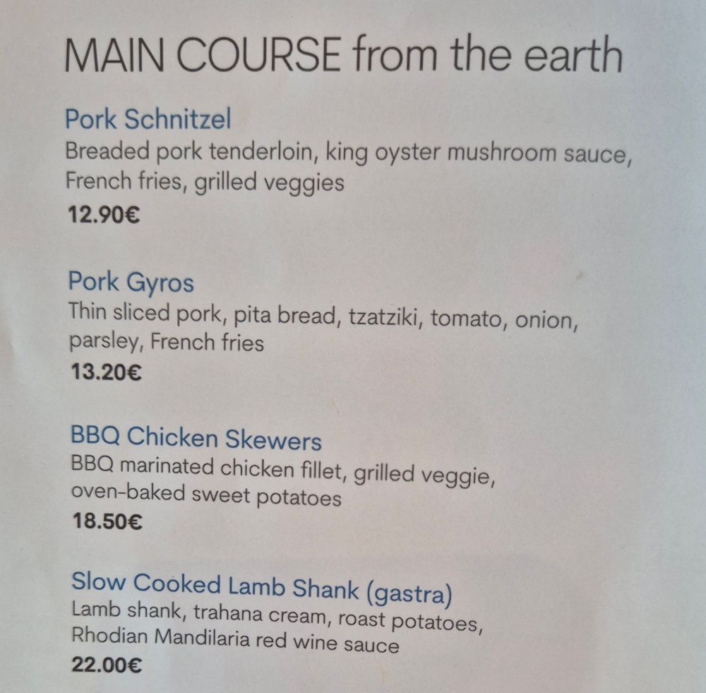 Menu in Greek restaurant:

Main courses from the earth