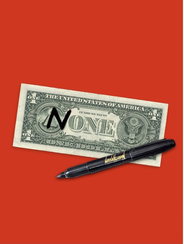 A dollar bill, with an N written in Sharpie in front of the ONE