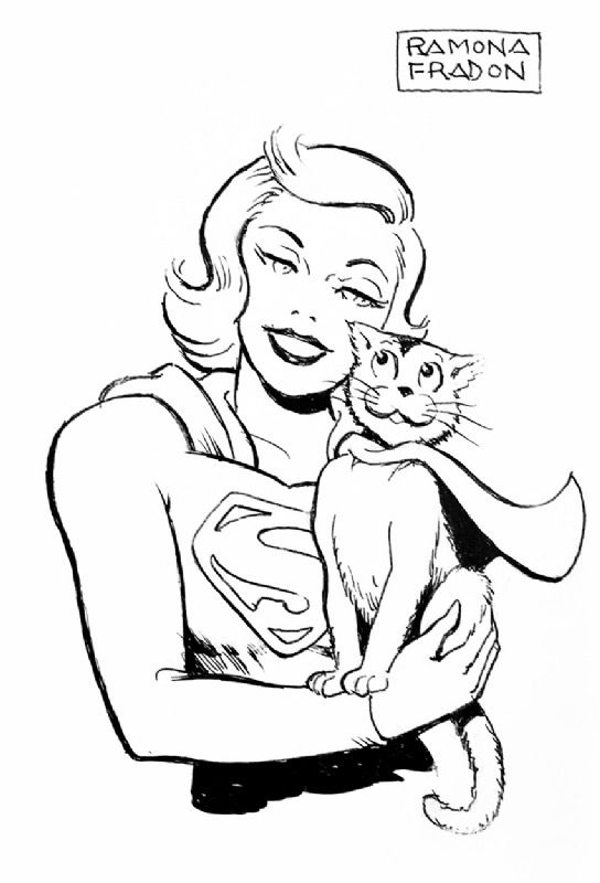 Colorless sketch of Supergirl cuddling next to Streaky the super cat