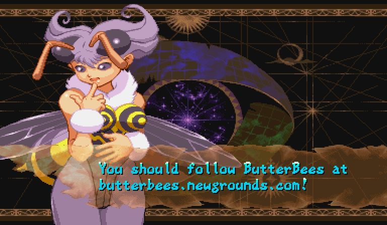 Q-Bee from Darkstalkers saying "You should follow ButterBees at butterbees.newgrounds.com!"
