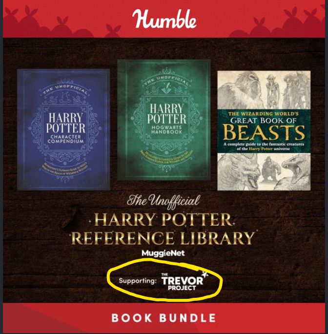 Screenshot of a Humble Book Bundle promotion for 'The Unofficial Harry Potter Reference Library' in support of The Trevor Project