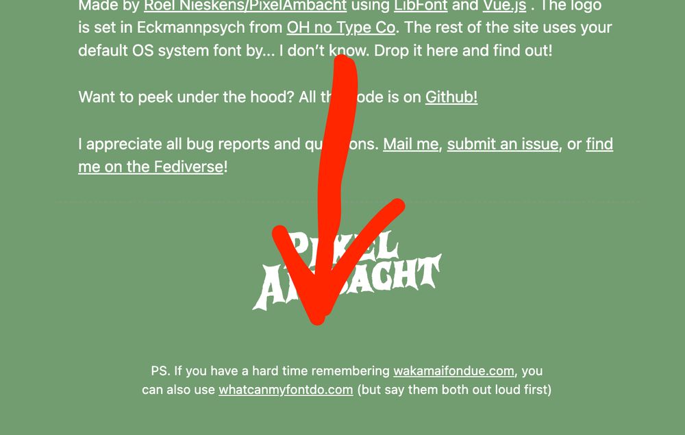 A note below a logo reads "PS. If you have a hard time remembering wakamaifondue.com, you can also use whatcanmyfontdo.com (but say them both out loud first)"